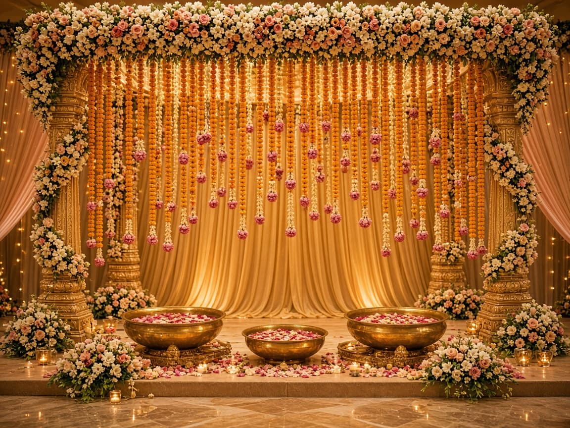 Floral stage with marigold curtains and brass urlis