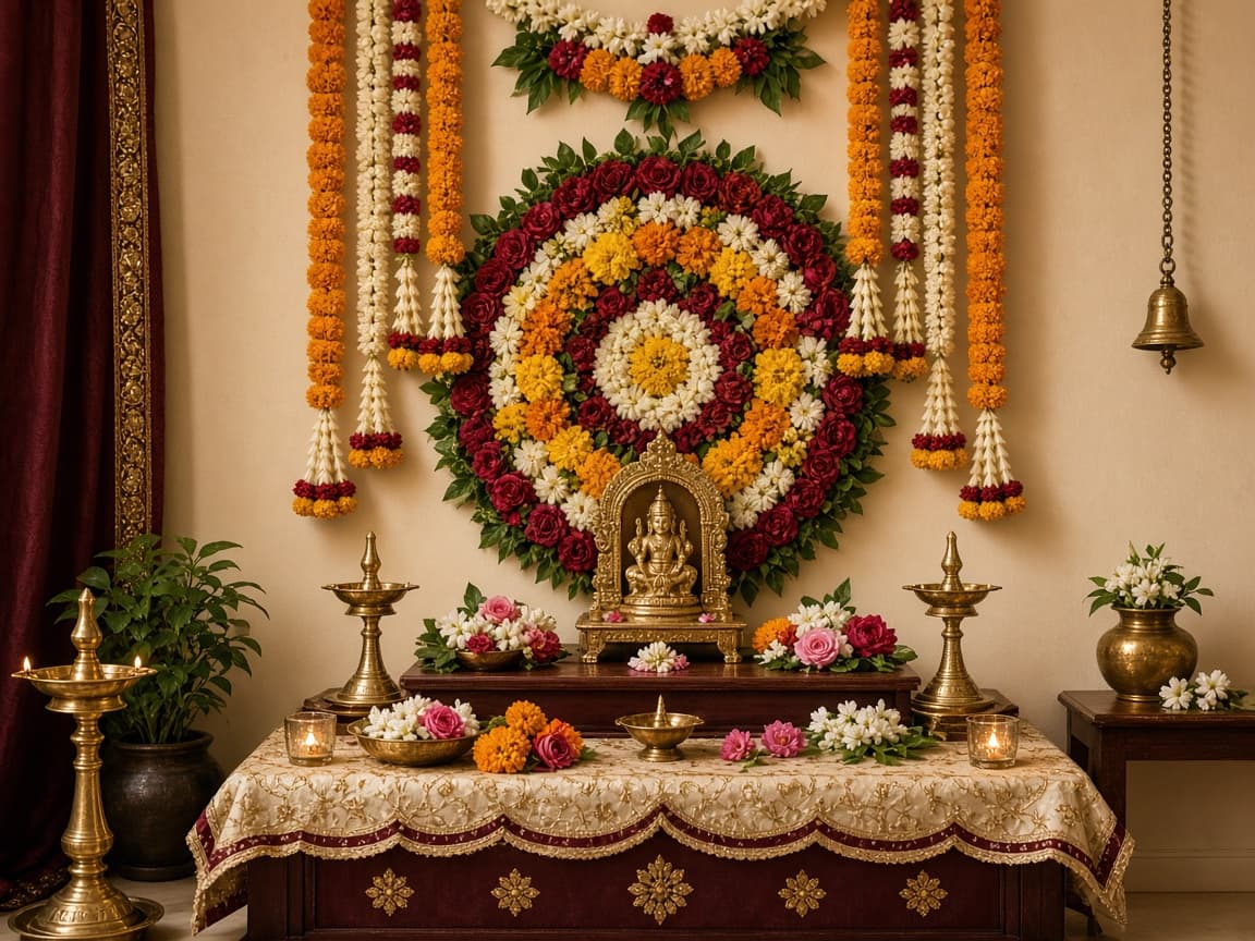 Floral wall decoration behind a home puja table