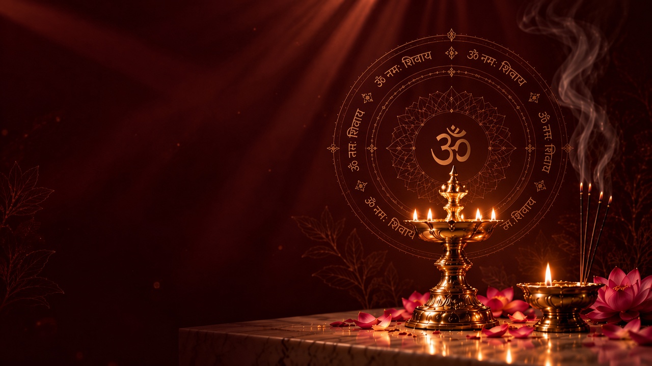 A lit brass diya with incense smoke rising before a golden Om mandala