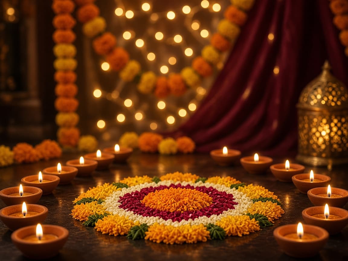 Lit diyas, marigold garlands and a rangoli