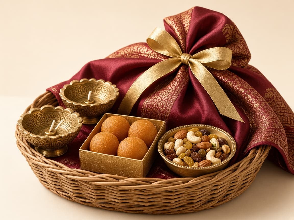 Festive hamper basket with diyas, sweets and dry fruits