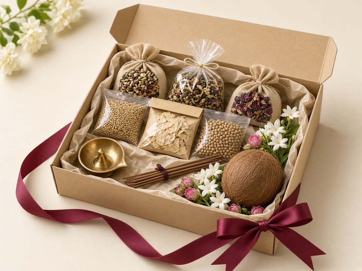 Puja kit in an open box with a maroon ribbon