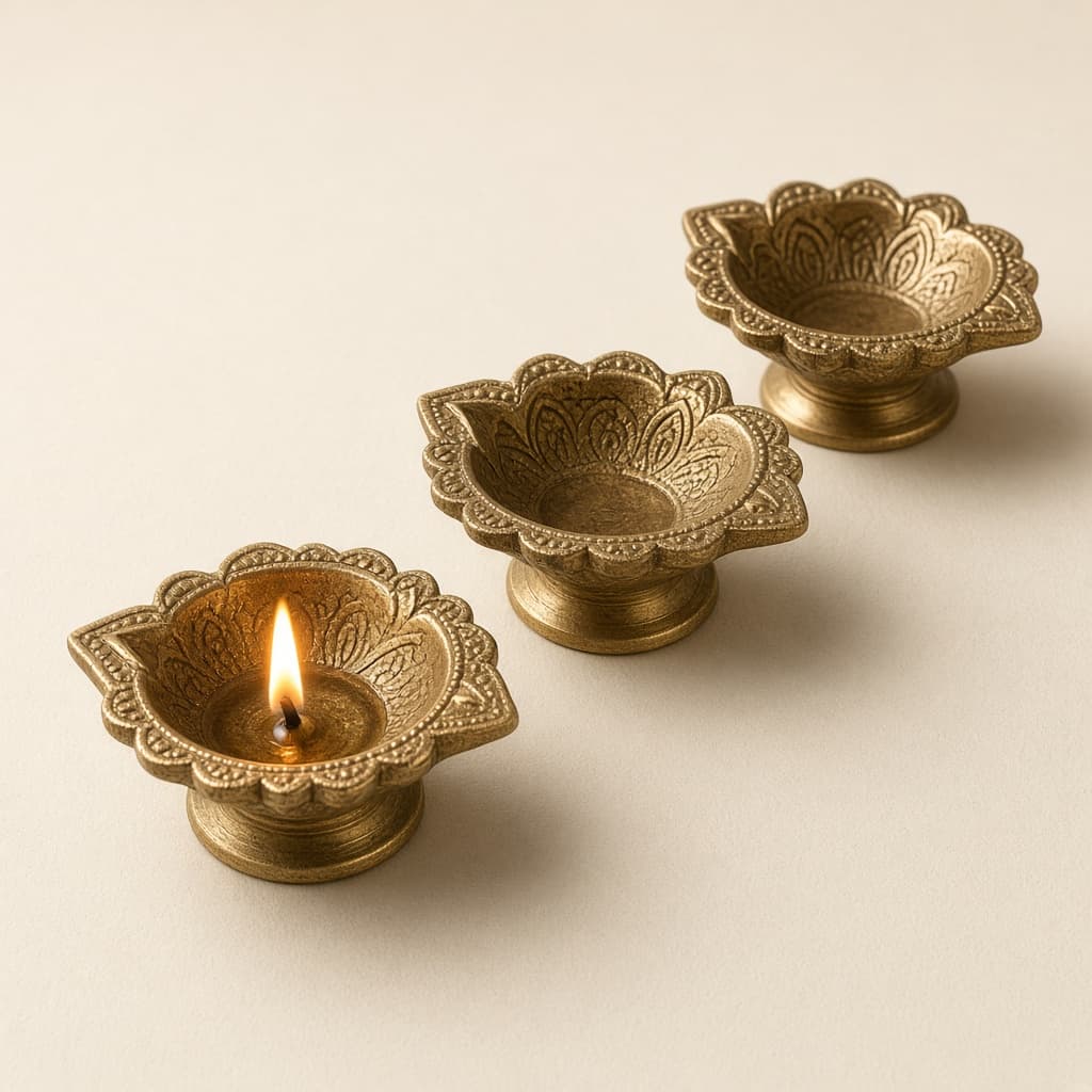 Three brass diyas, one lit
