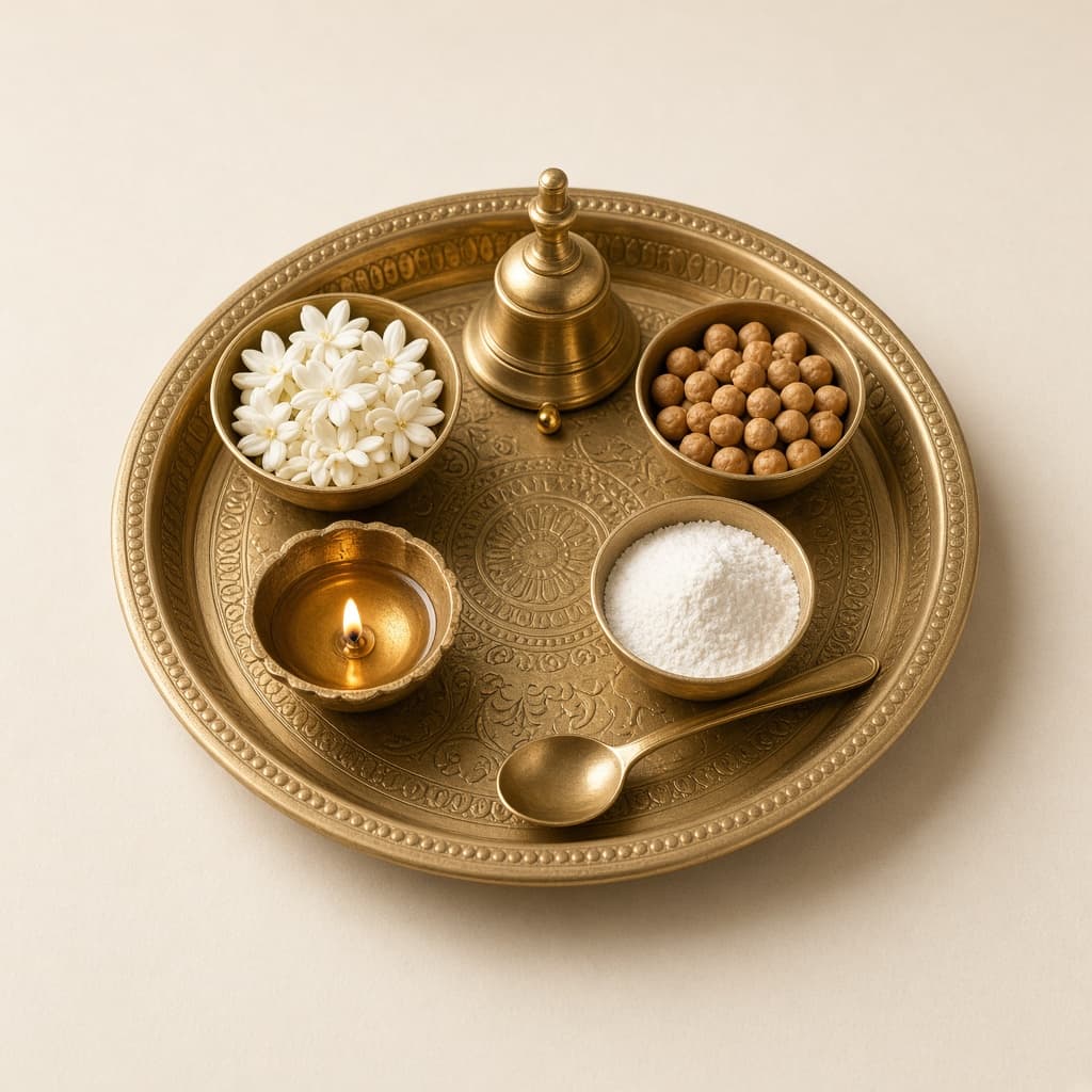 Engraved brass puja thali with bowls, diya and bell