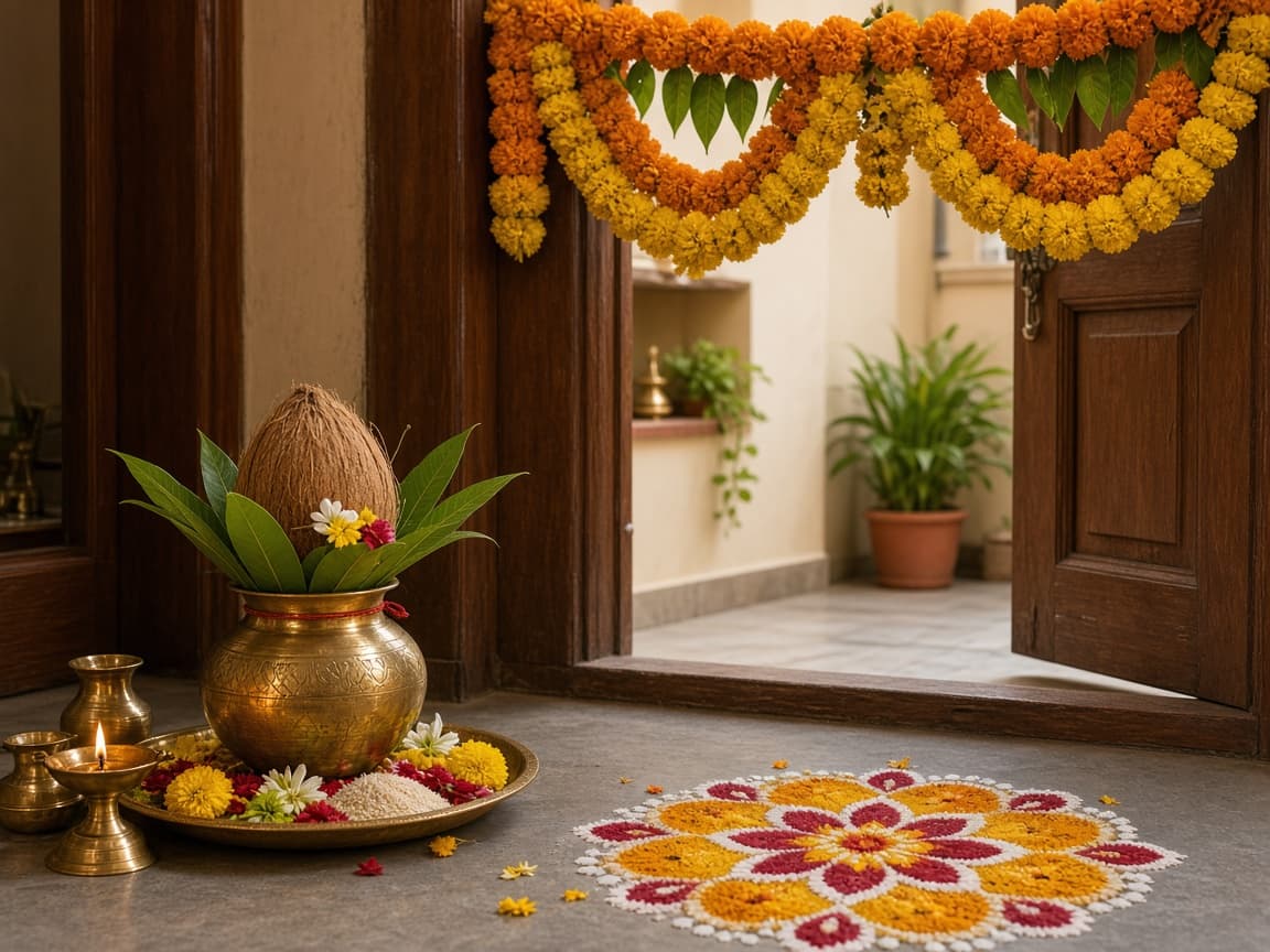 Kalash, marigold toran and rangoli at a doorway