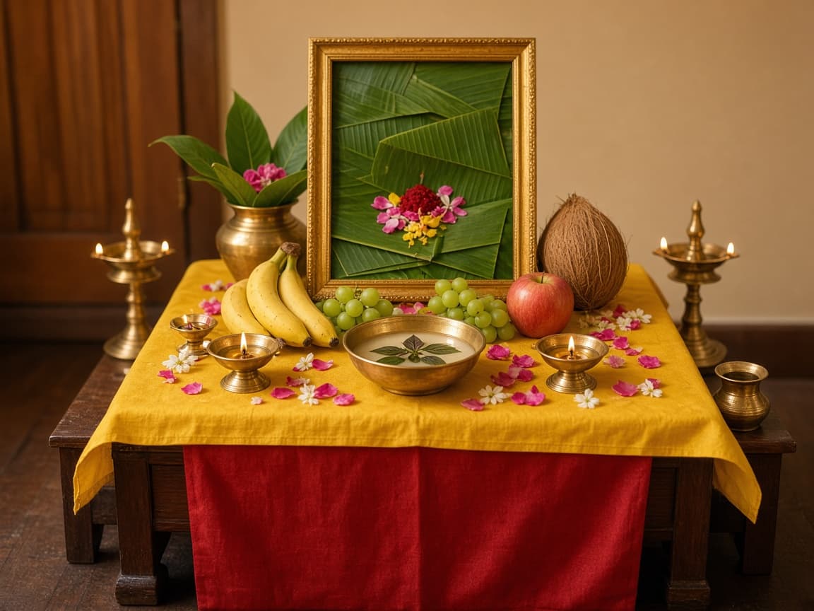 Satyanarayan puja setup with fruit and brass lamps