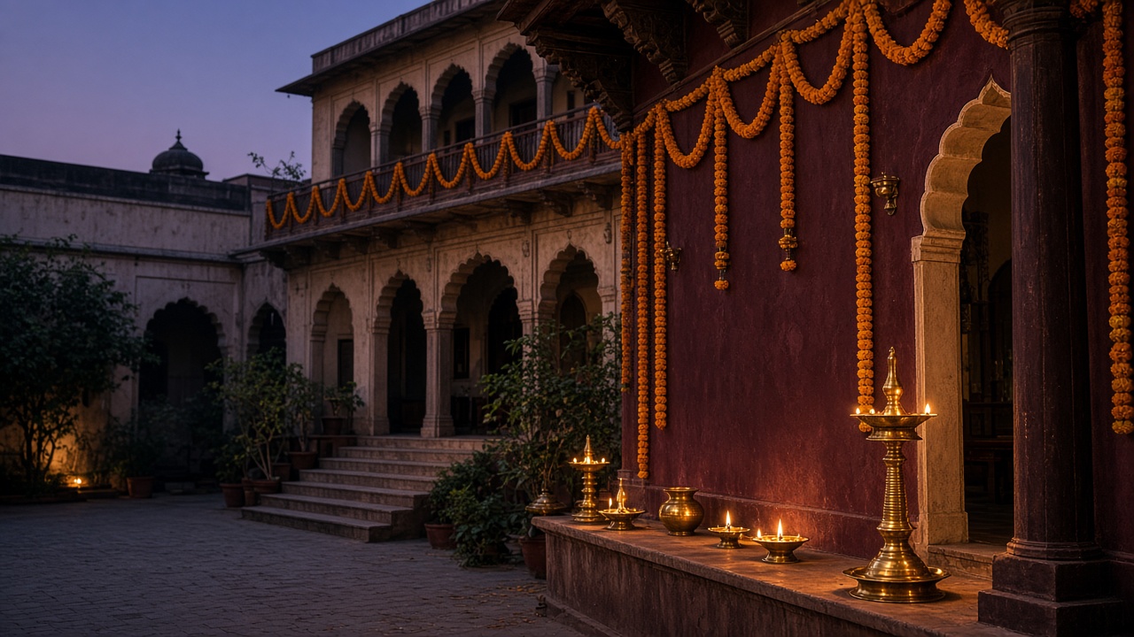Marigold garlands and brass lamps in a courtyard at dusk